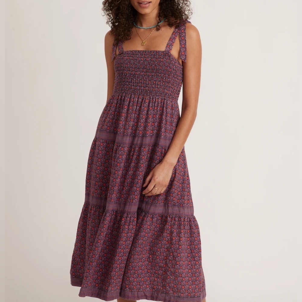 Marine Layer Selene Smocked Tiered Maxi Dress in Geo Floral Print